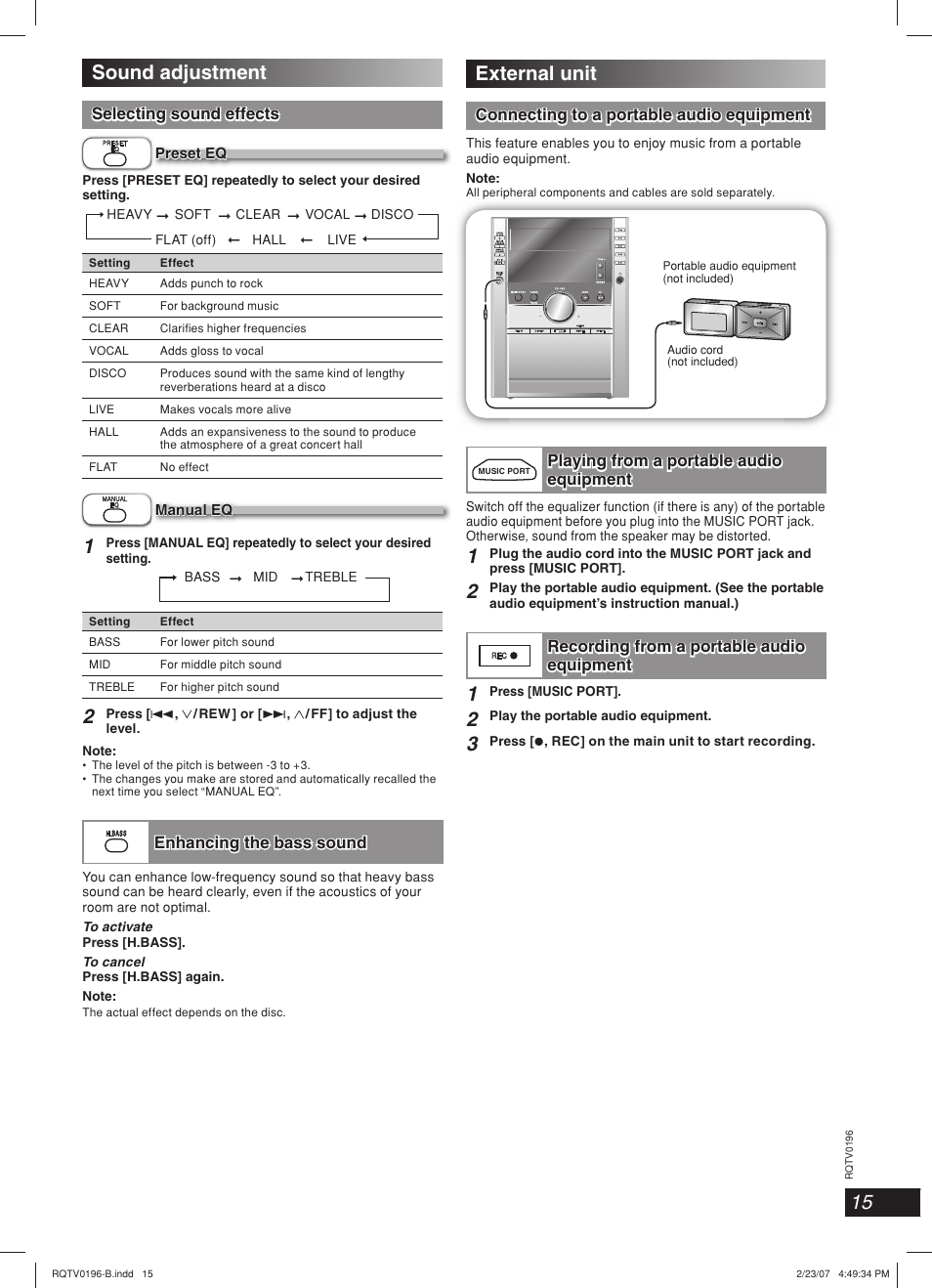 Sound adjustment, External unit, Enhancing the bass sound | Connecting to a portable audio equipment | Panasonic SC-AK250 User Manual | Page 15 / 20