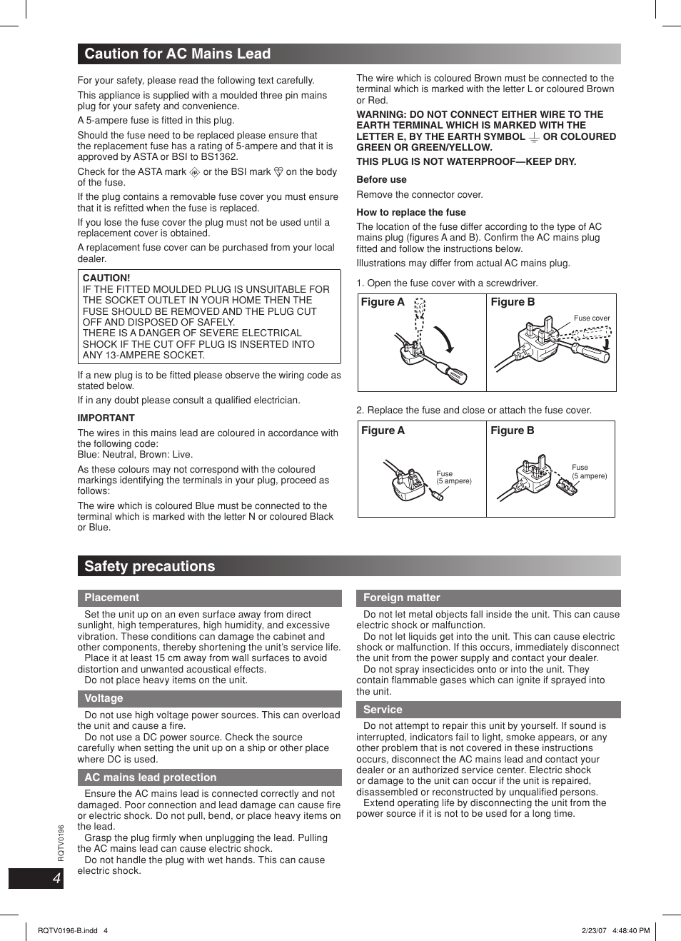 Caution for ac mains lead, Safety precautions, Lang - 5 lang - 4 français dansk esp añol | Panasonic SC-AK250 User Manual | Page 4 / 20