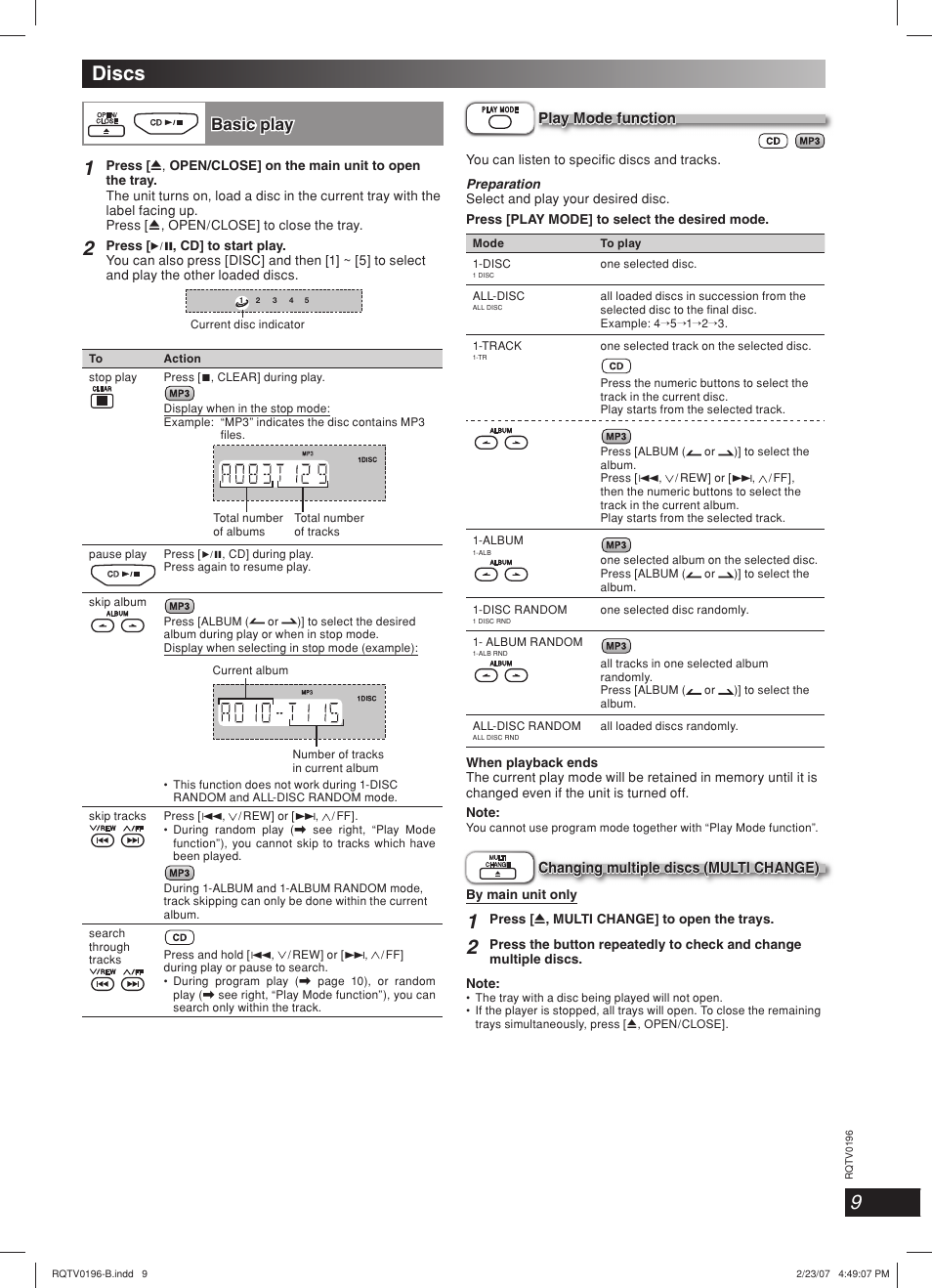 Discs, Lang - 5 lang - 4 français dansk deutsch, Basic play | Panasonic SC-AK250 User Manual | Page 9 / 20