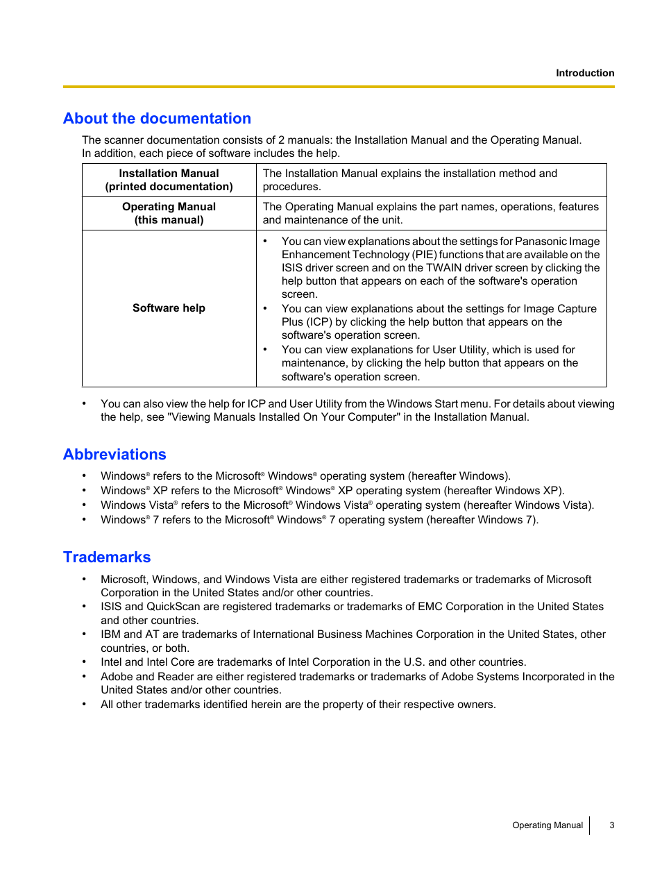 About the documentation, Abbreviations, Trademarks | Panasonic KV-S5055C User Manual | Page 3 / 91