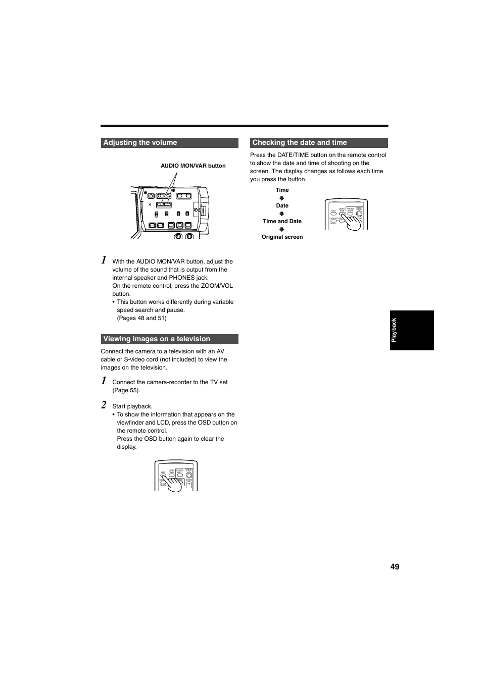 Adjusting the volume, Viewing images on a television, Checking the date and time | And 49) | Panasonic AG-DVX100B User Manual | Page 49 / 88