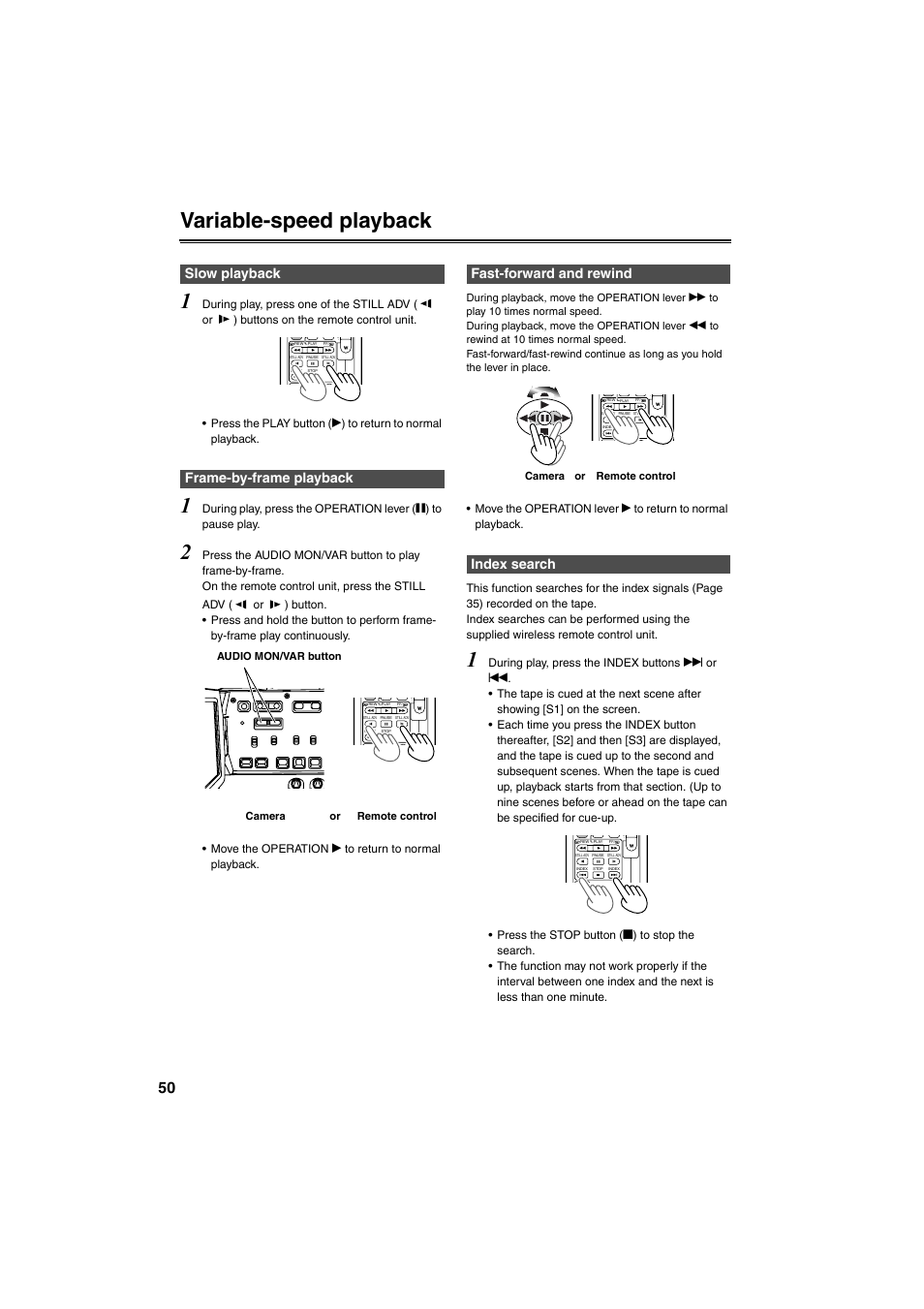 Variable-speed playback, Slow playback, Frame-by-frame playback | Fast-forward and rewind, Index search, Variable-speed playback 1, Slow playback frame-by-frame playback, Fast-forward and rewind index search | Panasonic AG-DVX100B User Manual | Page 50 / 88