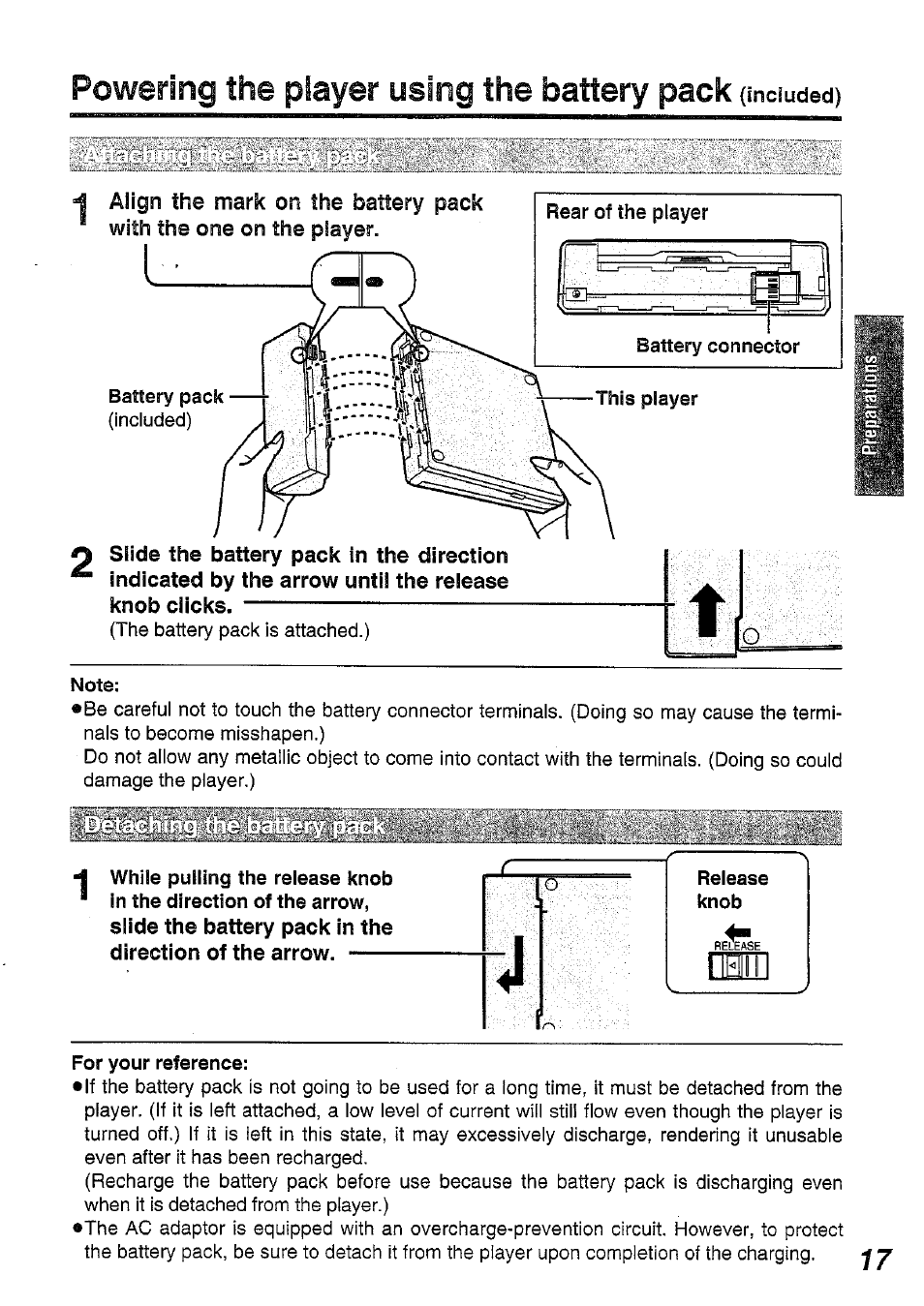 Powering the player using the battery pack | Panasonic DVD-L50PM User Manual | Page 17 / 58