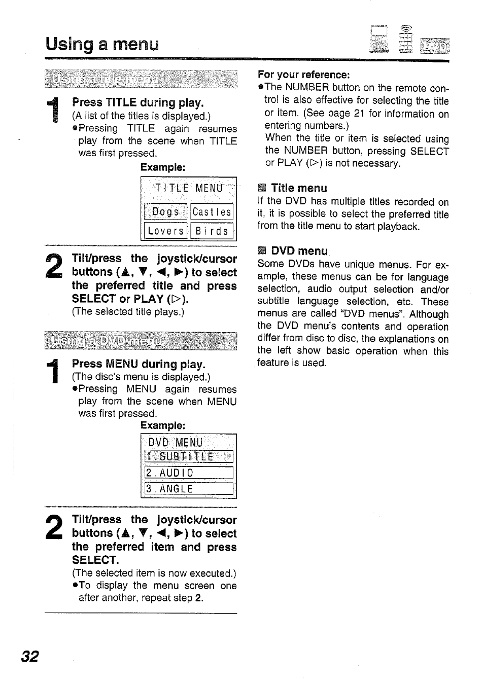 Using a menu | Panasonic DVD-L50PM User Manual | Page 32 / 58