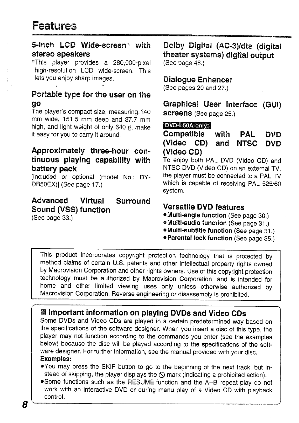 Features | Panasonic DVD-L50PM User Manual | Page 8 / 58