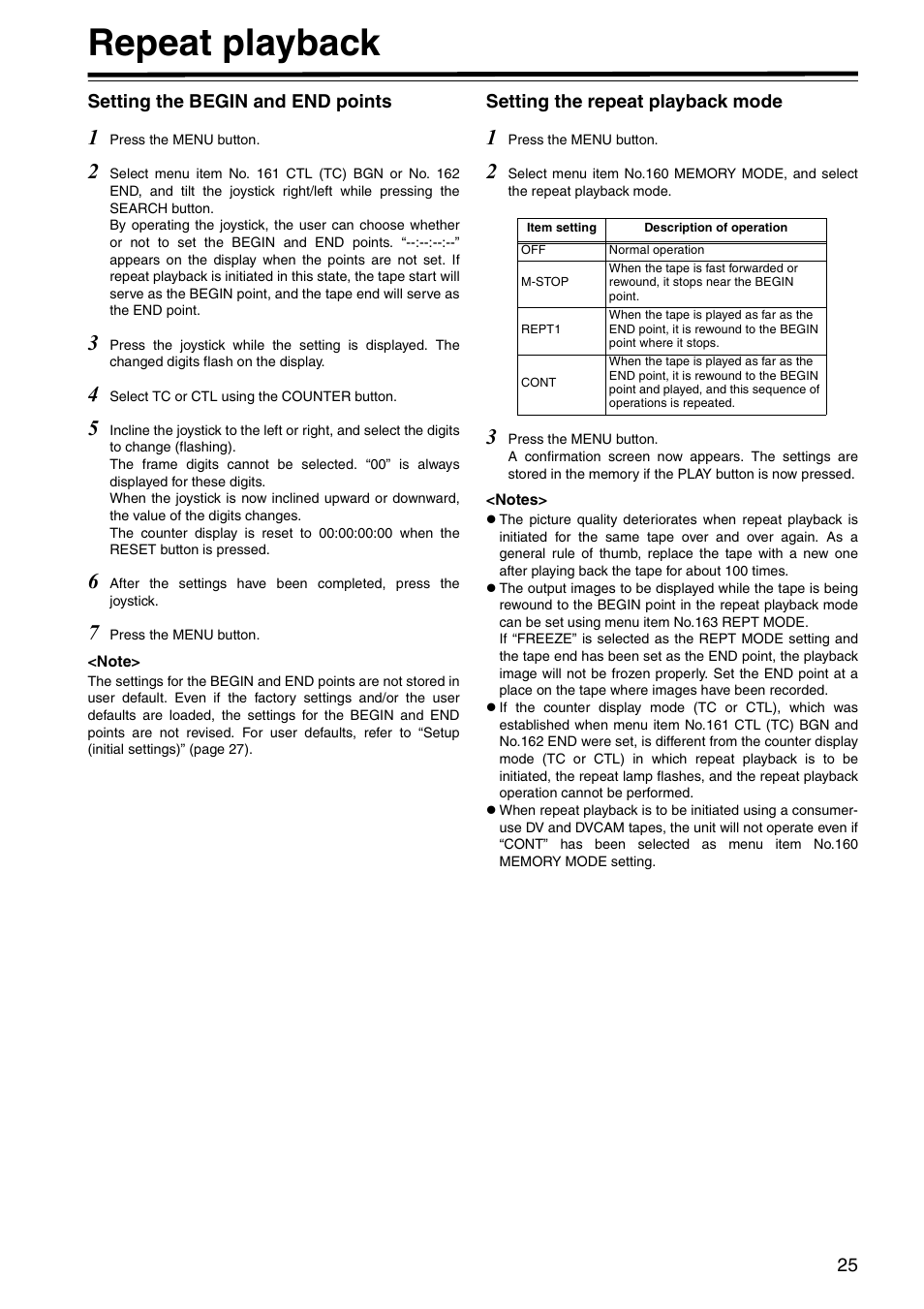 Repeat playback, Setting the begin and end points, Setting the repeat playback mode | Panasonic AJ-HD1400P User Manual | Page 25 / 68