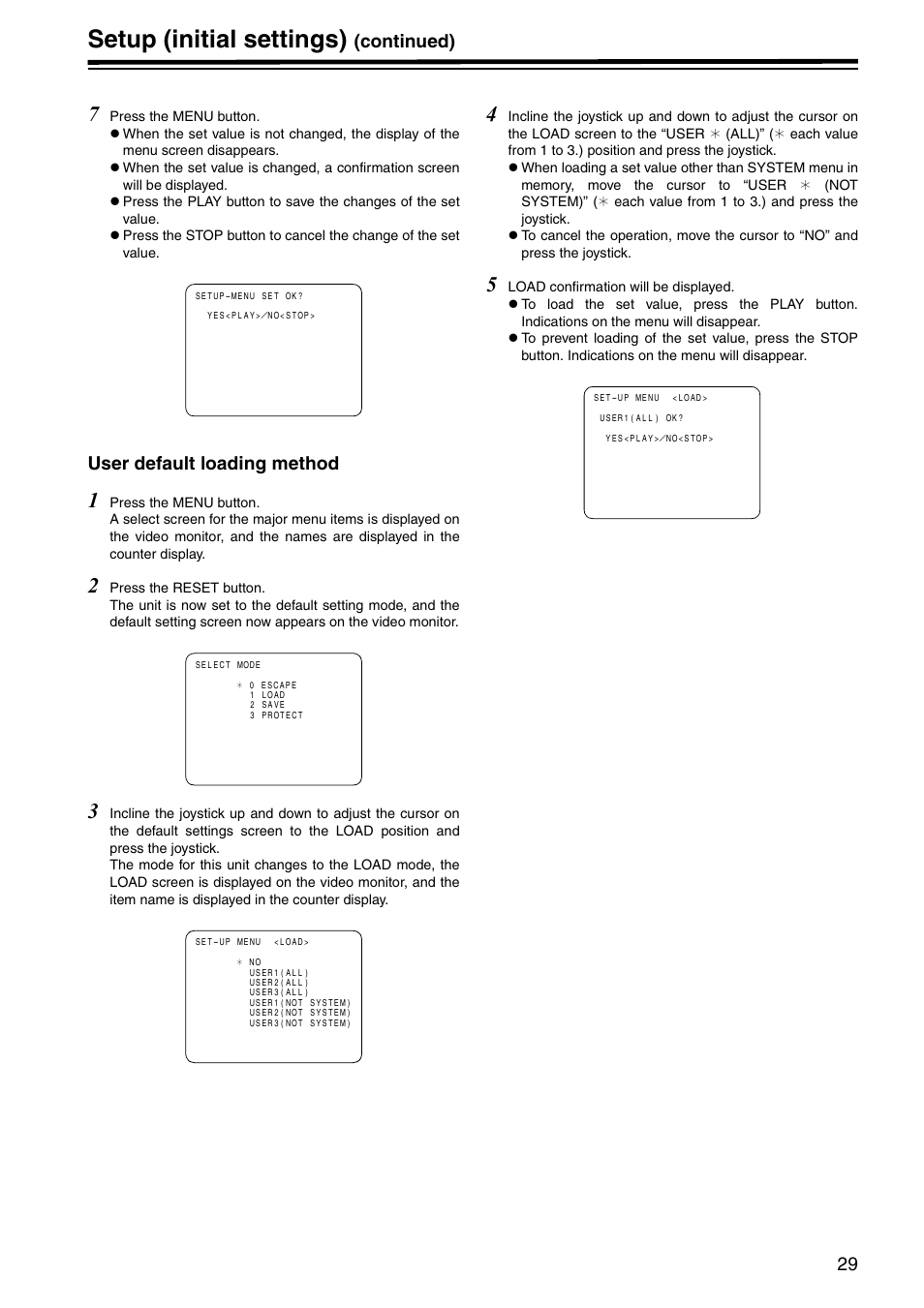 User default loading method, Setup (initial settings), Continued) | Panasonic AJ-HD1400P User Manual | Page 29 / 68