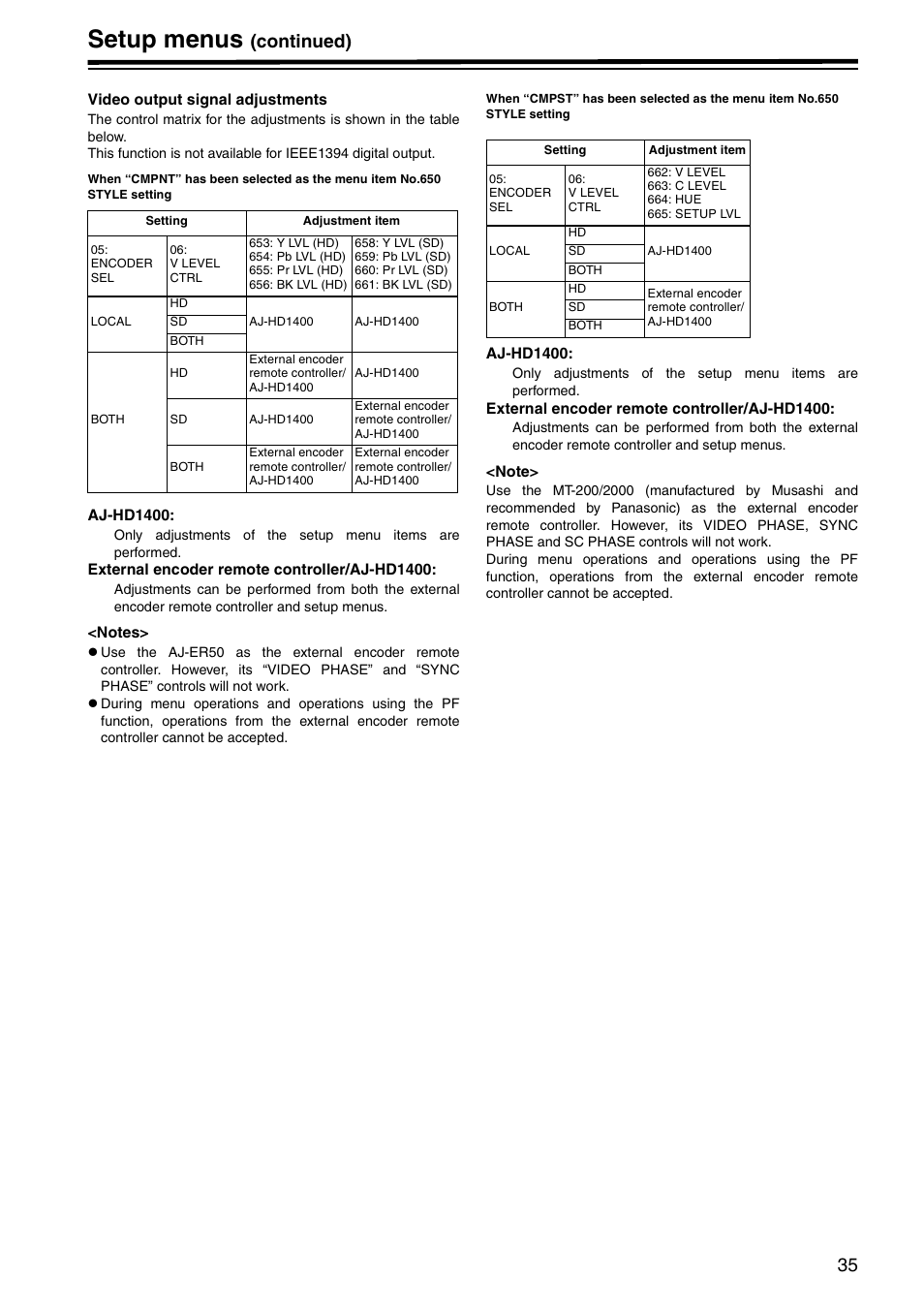 Setup menus, Continued) | Panasonic AJ-HD1400P User Manual | Page 35 / 68