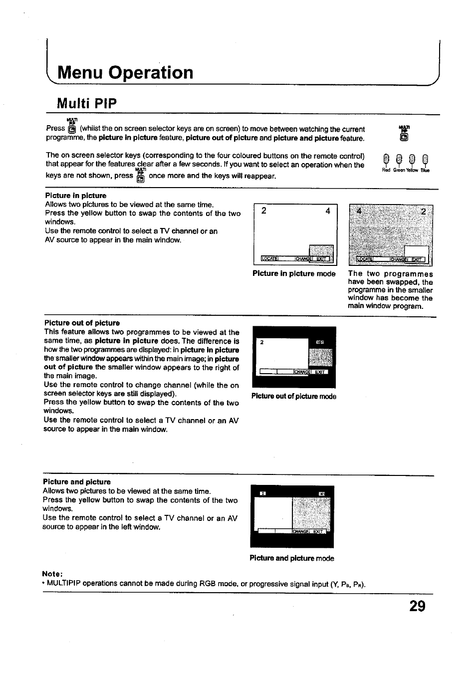 Menu operation, Multi pip | Panasonic TC-34P250X User Manual | Page 29 / 40