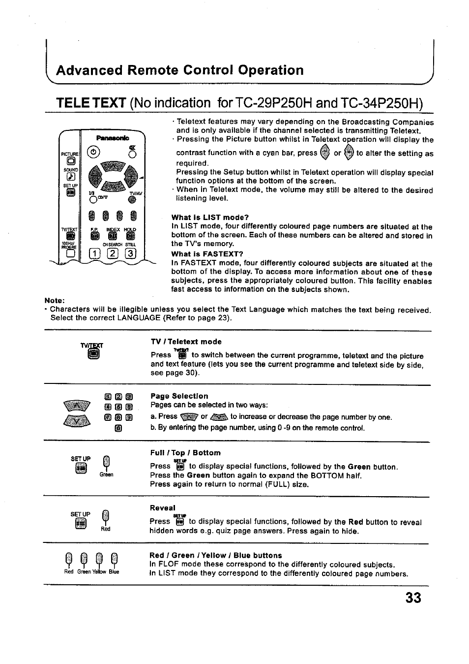 Advanced remote control operation | Panasonic TC-34P250X User Manual | Page 33 / 40