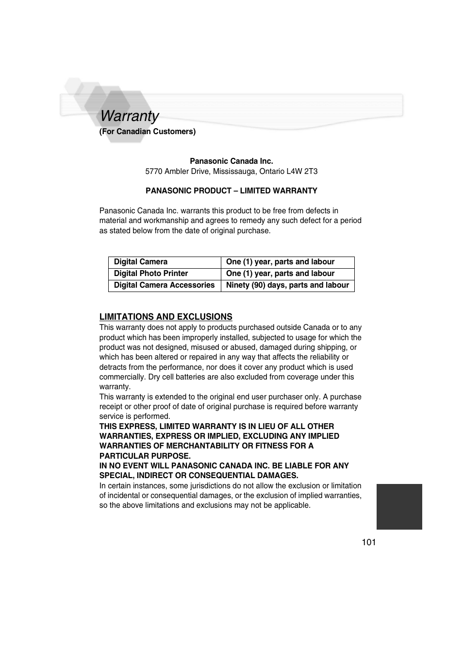 Warranty | Panasonic DMC-LC5PP User Manual | Page 101 / 108