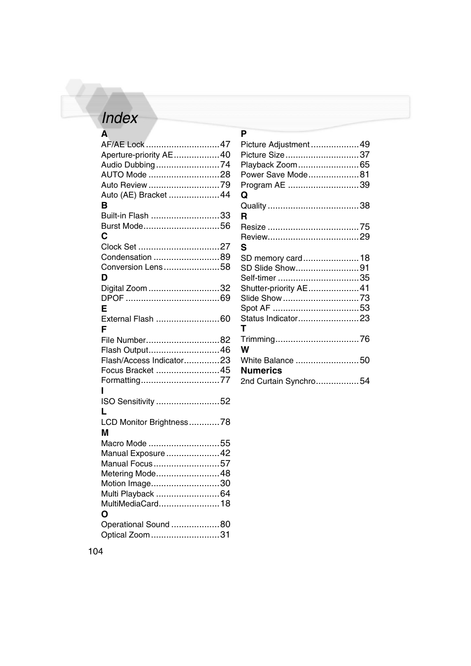 Index | Panasonic DMC-LC5PP User Manual | Page 104 / 108
