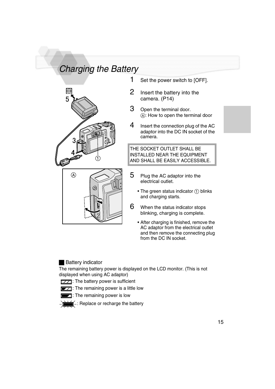 Charging the battery, P15) | Panasonic DMC-LC5PP User Manual | Page 15 / 108