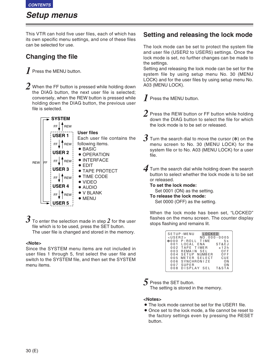 Setup menus, Changing the file, Setting and releasing the lock mode | Panasonic AJ-SD930BE User Manual | Page 30 / 81