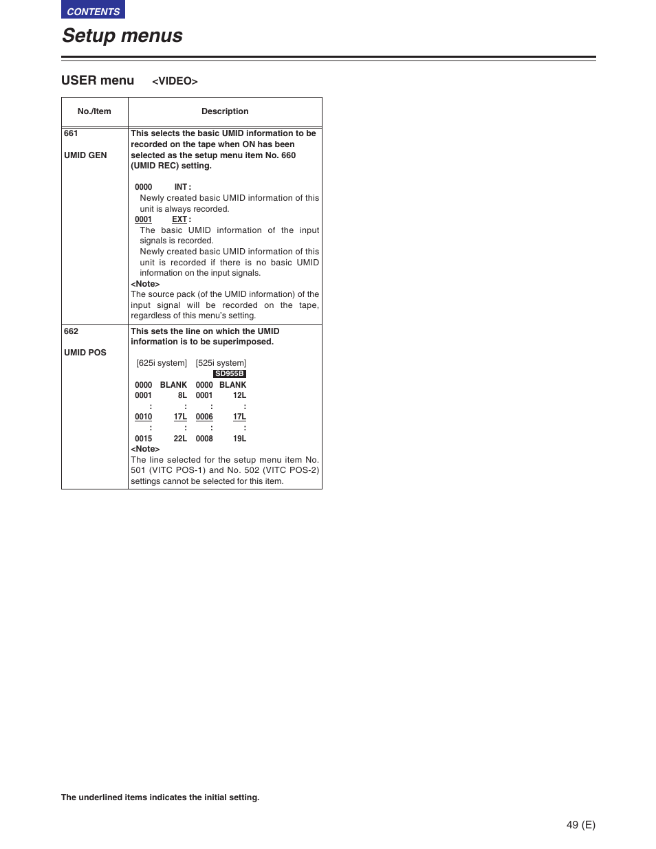 Setup menus, User menu | Panasonic AJ-SD930BE User Manual | Page 49 / 81