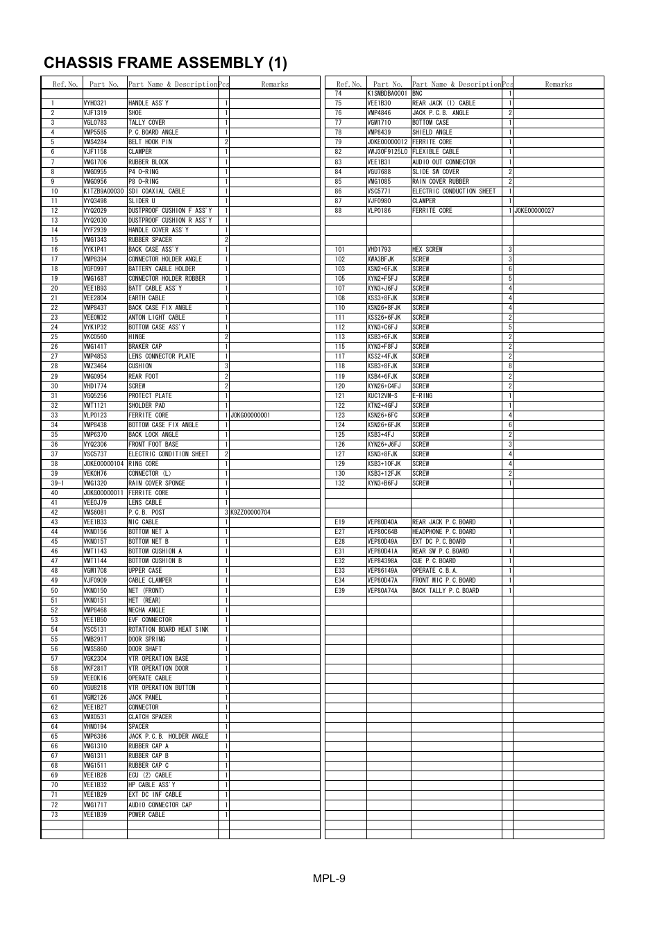 List, Chassis frame assembly (1), Mpl-9 | Panasonic AJ-HDC27MC User Manual | Page 10 / 18