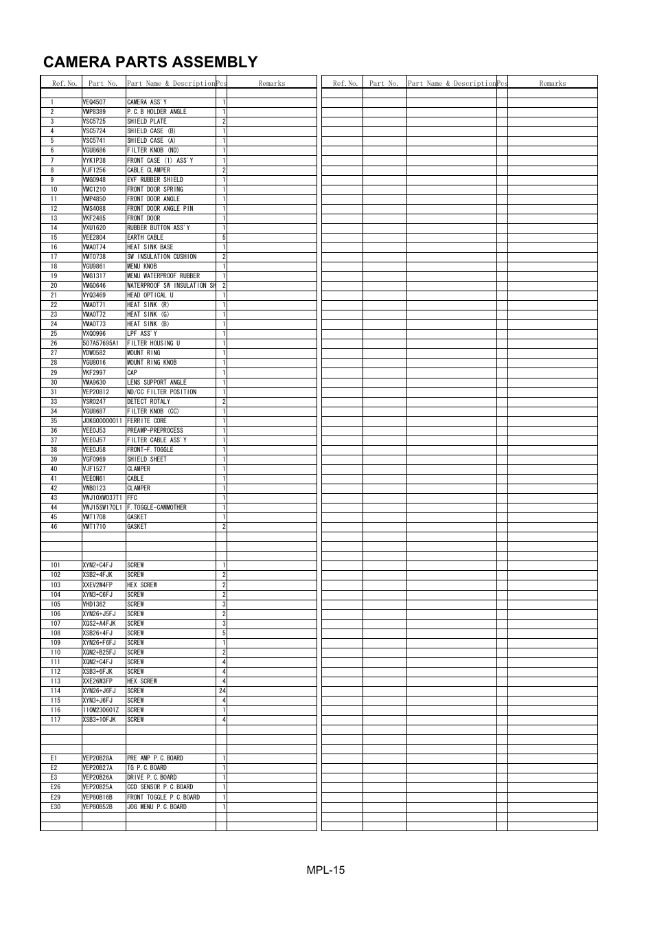 List, Camera parts assembly, Mpl-15 | Panasonic AJ-HDC27MC User Manual | Page 16 / 18
