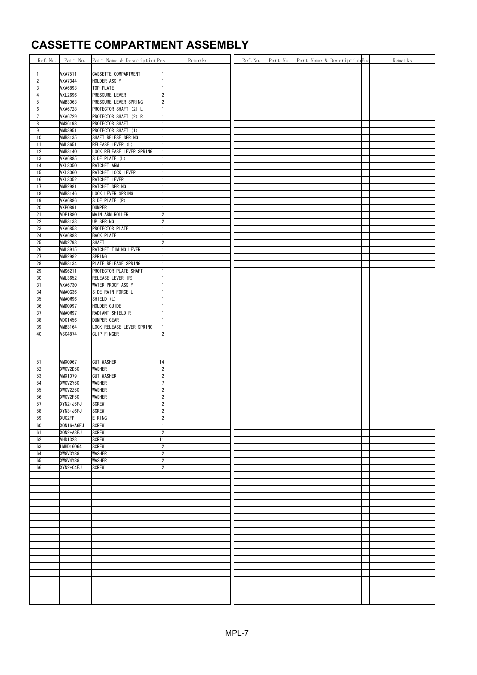 List, Cassette compartment assembly, Mpl-7 | Panasonic AJ-HDC27MC User Manual | Page 8 / 18