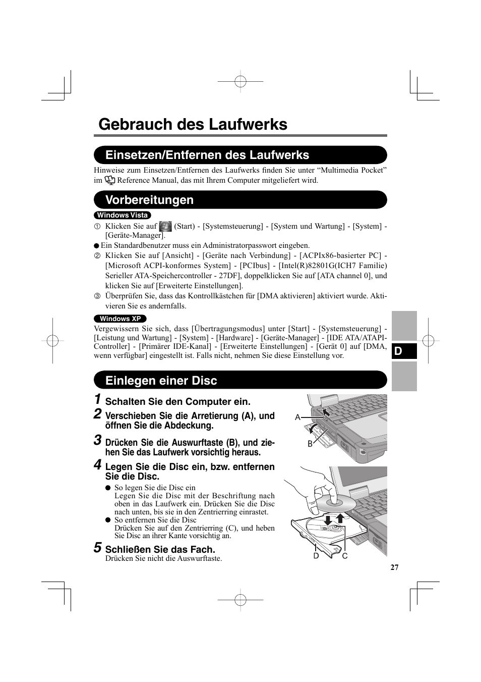 Gebrauch des laufwerks, Einlegen einer disc, Einsetzen/entfernen des laufwerks | Vorbereitungen | Panasonic CF-VDR302U User Manual | Page 27 / 88
