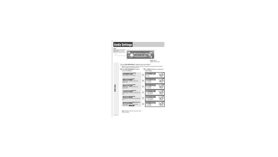 Audio settings, Audio menu, Volume bass treble balance fader subwoofer level | Panasonic CQ-C1301U User Manual | Page 14 / 24
