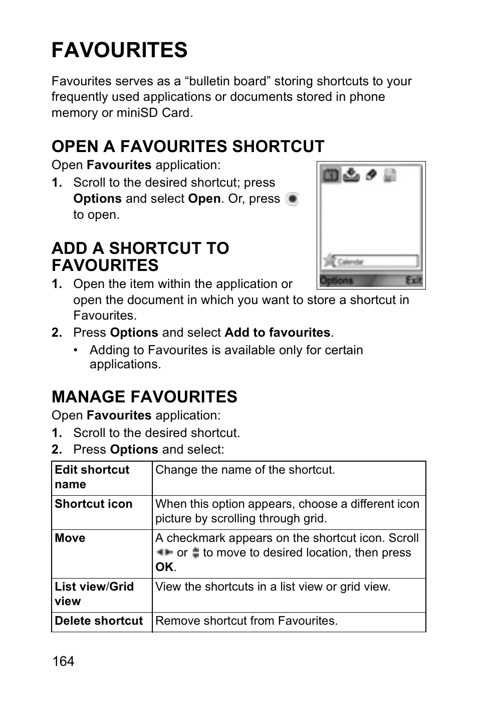 Favourites, Open a favourites shortcut, Add a shortcut to favourites | Manage favourites | Panasonic EB-X700 User Manual | Page 167 / 179