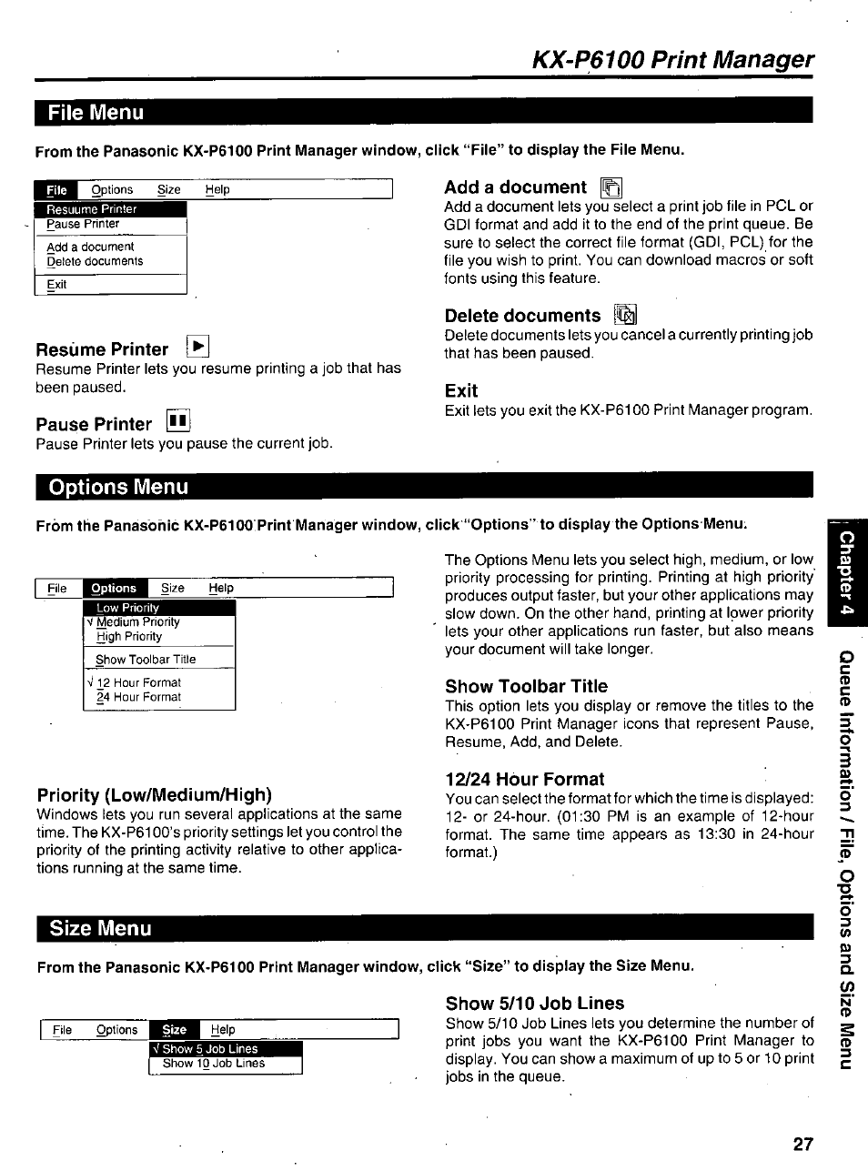 File menu, Resume printer, Pause printer | Add a document, Delete documents, Exit, Options menu, Show toolbar title, Priority (low/medium/high), Size menu | Panasonic KX-P6100 User Manual | Page 27 / 44