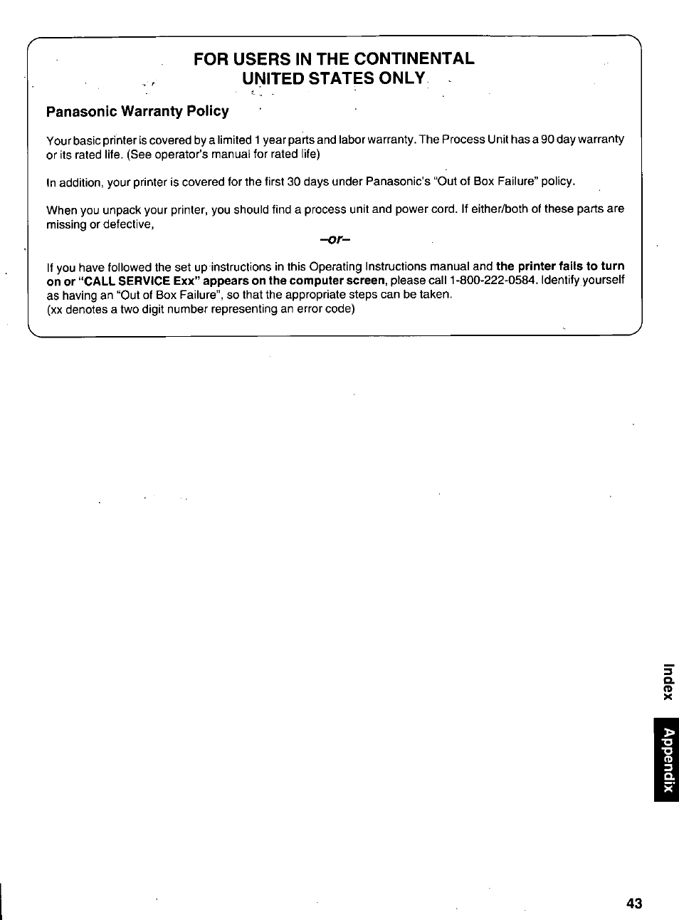 For users in the continental united states only, Panasonic warranty policy | Panasonic KX-P6100 User Manual | Page 43 / 44