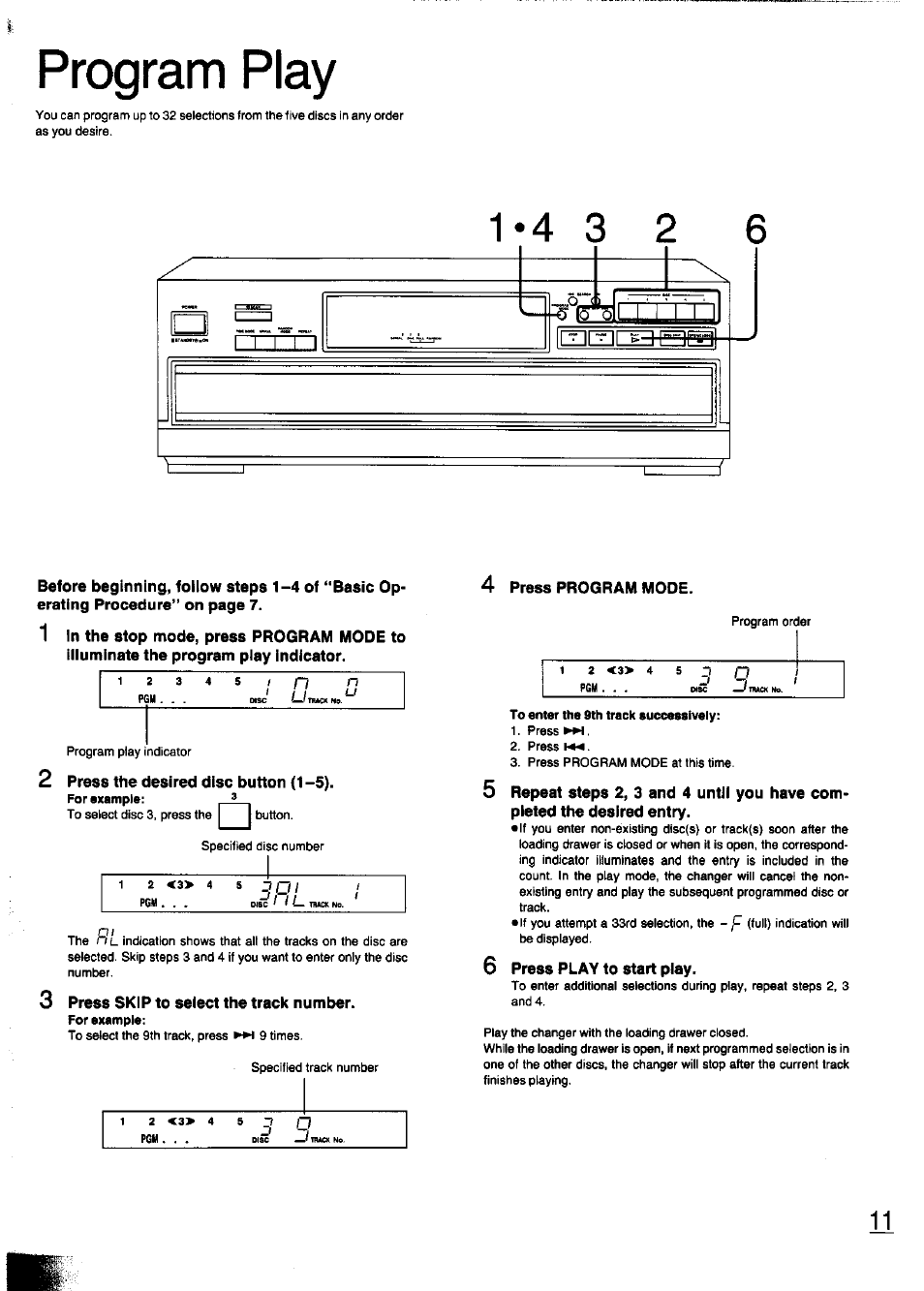 2 press the desired disc button (1-5), Press skip to seiect the track number, 4 press program mode | 6 press play to start play, Program play | Panasonic SL-PD347 User Manual | Page 11 / 24