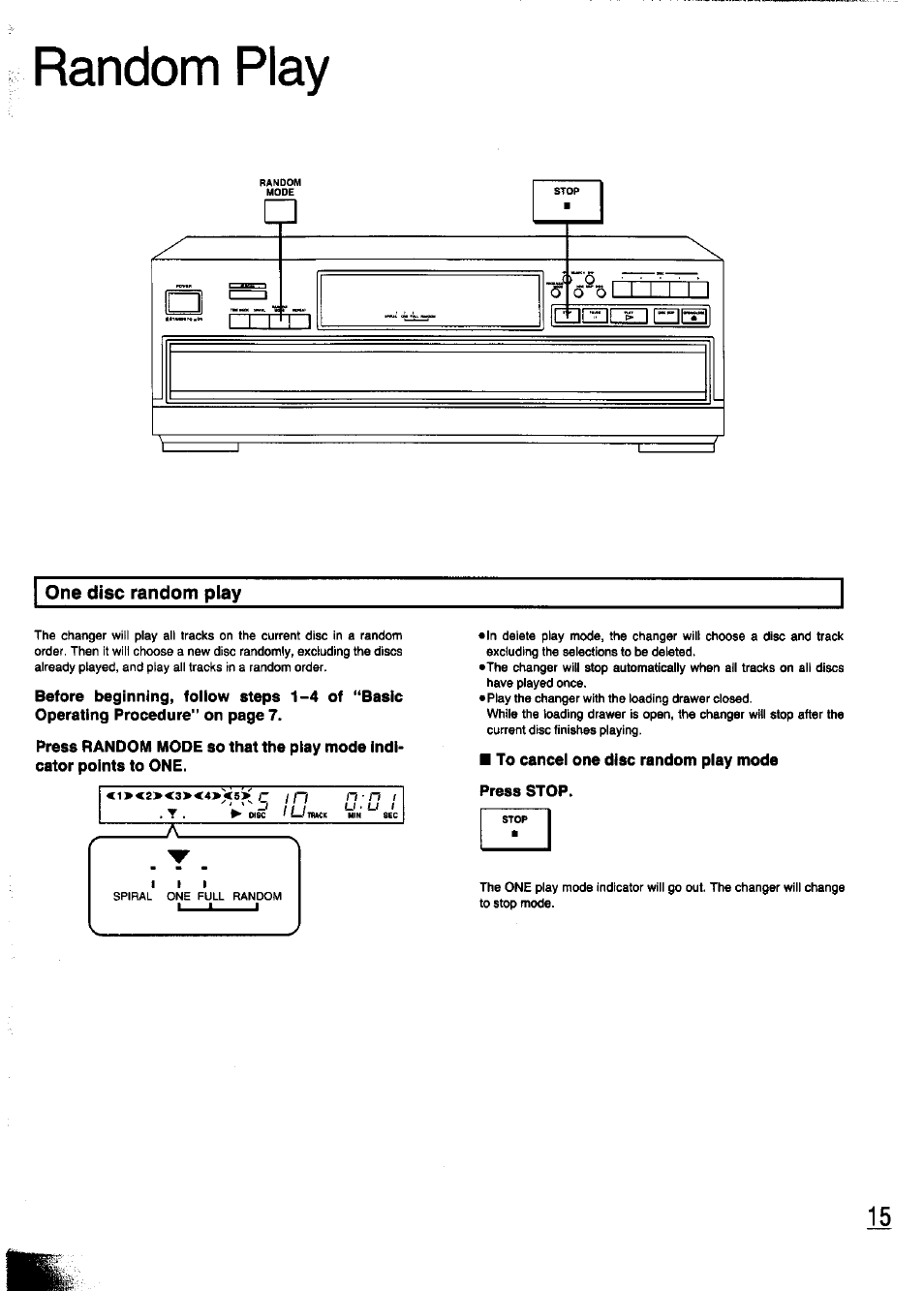 One disc random play, To cancel one disc random play mode press stop, Random play | Panasonic SL-PD347 User Manual | Page 15 / 24