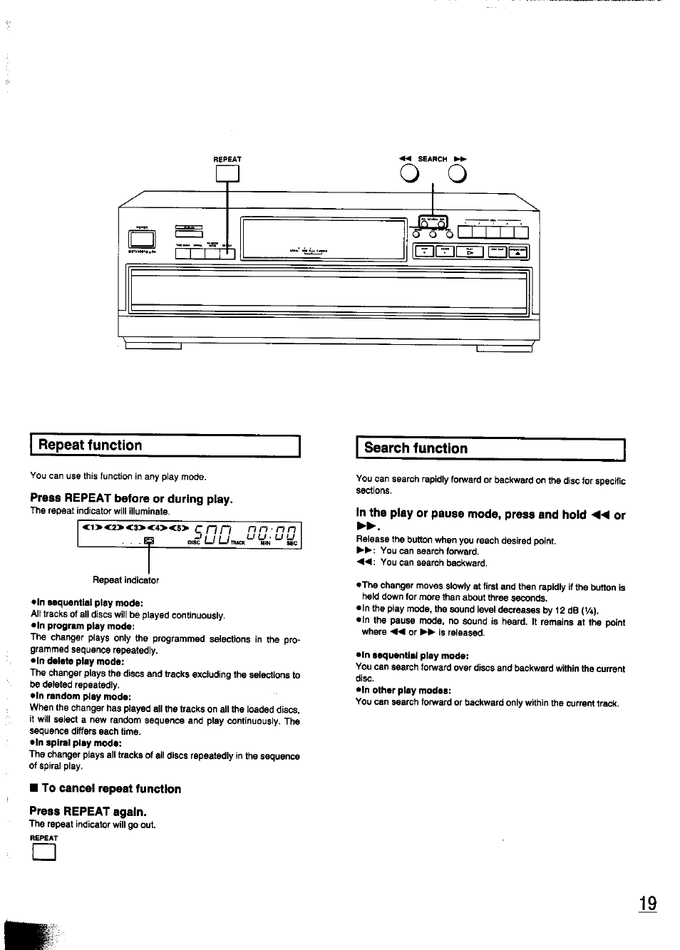 To cancel repeat function, Repeat function search function | Panasonic SL-PD347 User Manual | Page 19 / 24