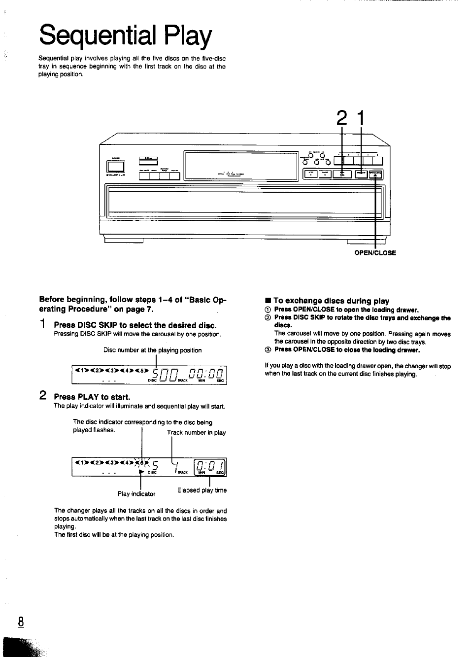 1 press disc skip to select the desired disc, 2 press play to start, To exchange discs during play | Sequential play | Panasonic SL-PD347 User Manual | Page 8 / 24