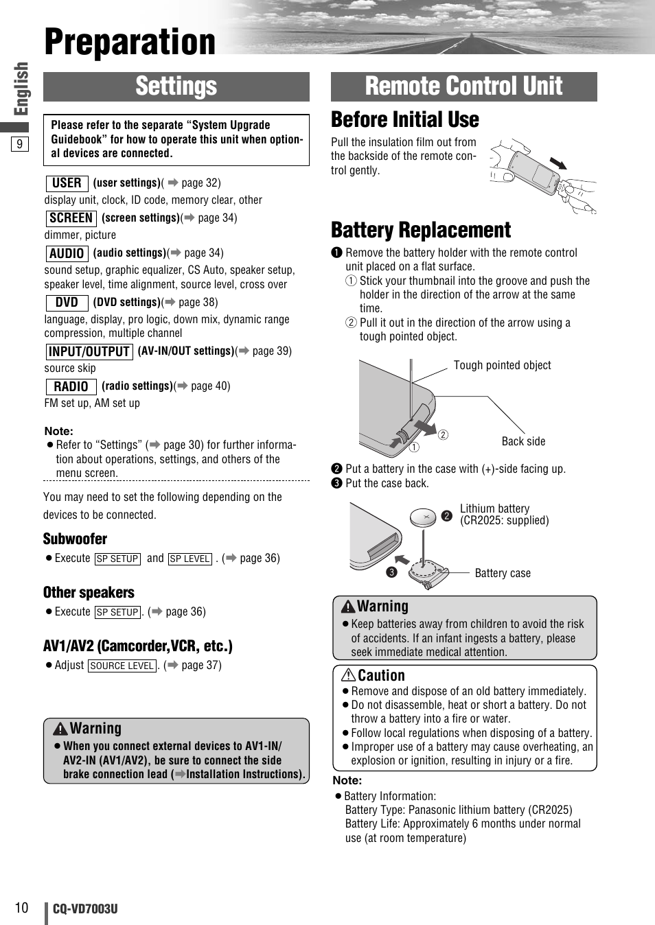 Preparation, Remote control unit settings, Battery replacement | Before initial use, English, Subwoofer, Other speakers, Av1/av2 (camcorder,vcr, etc.), Warning, Caution | Panasonic CQ-VD7003U User Manual | Page 10 / 150