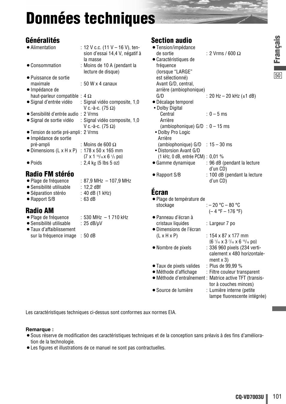 Donnees techniques, Données techniques, Français | Généralités, Radio fm stéréo, Radio am, Écran | Panasonic CQ-VD7003U User Manual | Page 101 / 150