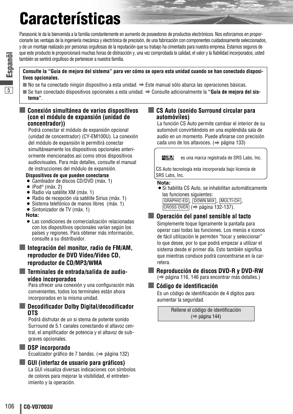 Caracteristicas, Características, Espanõl | Panasonic CQ-VD7003U User Manual | Page 106 / 150