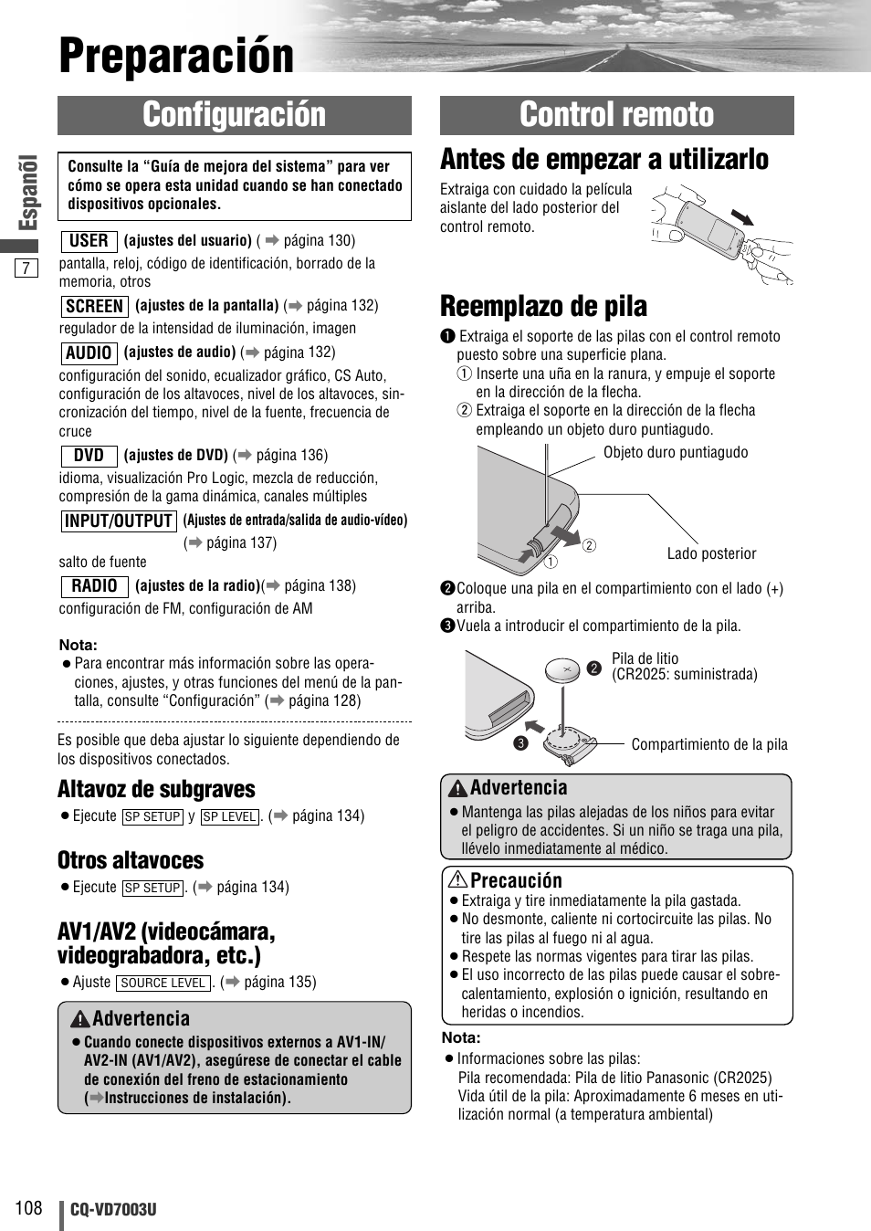 Preparacion, Preparación, Configuración | Control remoto, Reemplazo de pila, Antes de empezar a utilizarlo, Espanõl, Altavoz de subgraves, Otros altavoces, Av1/av2 (videocámara, videograbadora, etc.) | Panasonic CQ-VD7003U User Manual | Page 108 / 150