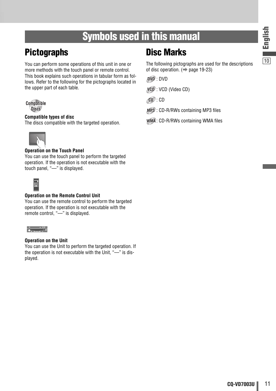 Symbols used in this manual, Pictographs, Disc marks | English | Panasonic CQ-VD7003U User Manual | Page 11 / 150