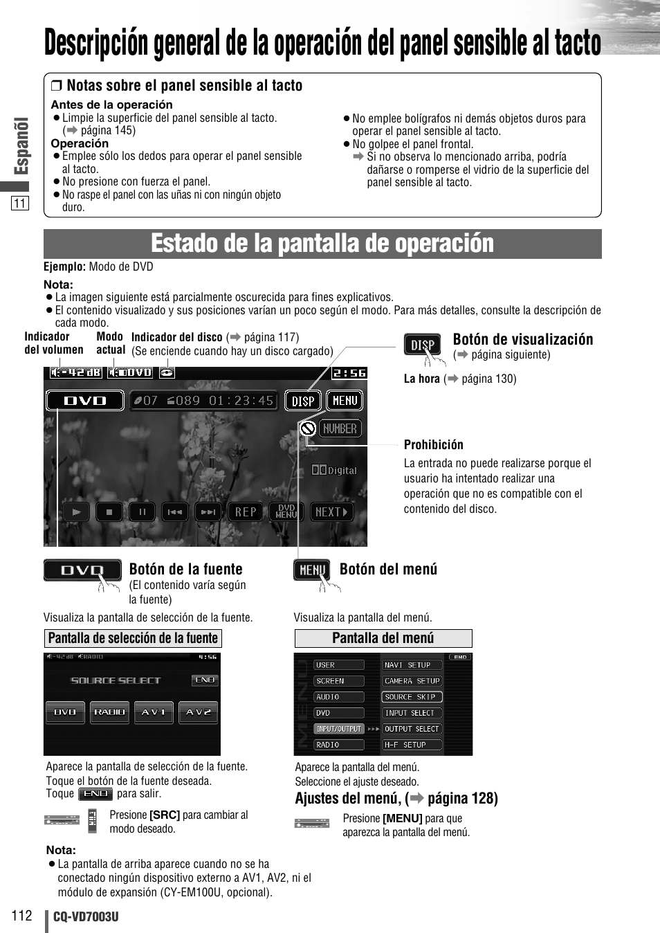 Estado de la pantalla de operación, Espanõl | Panasonic CQ-VD7003U User Manual | Page 112 / 150