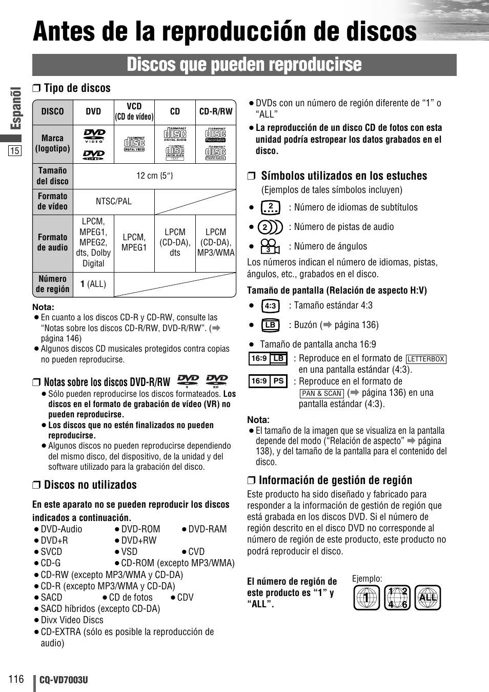 Antes de la reproduccion de discos, Antes de la reproducción de discos, Discos que pueden reproducirse | Espanõl, Notas sobre los discos dvd-r/rw, Discos no utilizados, Símbolos utilizados en los estuches, Información de gestión de región, Tipo de discos | Panasonic CQ-VD7003U User Manual | Page 116 / 150