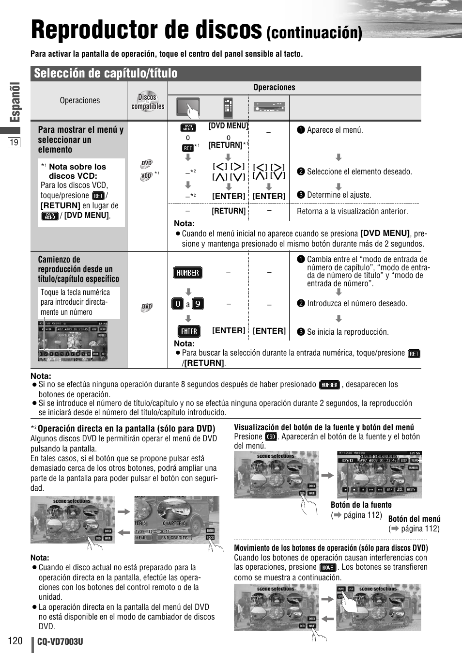 Reproductor de discos, Continuación), Espanõl | Selección de capítulo/título | Panasonic CQ-VD7003U User Manual | Page 120 / 150