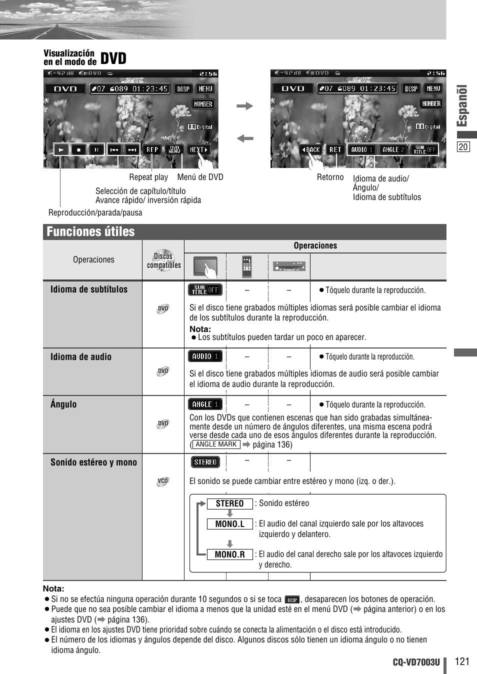 Espanõl, Funciones útiles | Panasonic CQ-VD7003U User Manual | Page 121 / 150