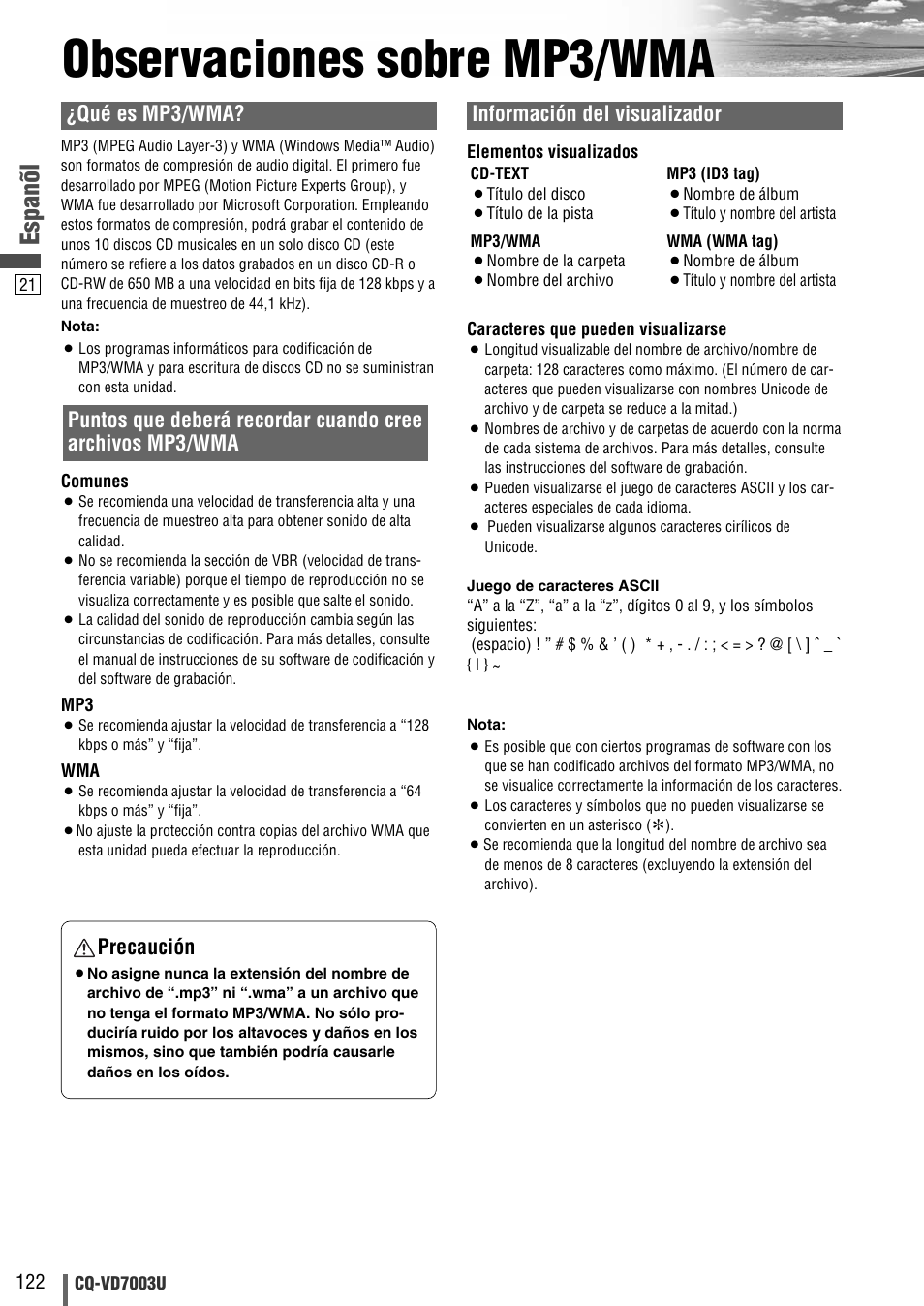 Observaciones sobre mp3/wma, Espanõl, Qué es mp3/wma | Información del visualizador, Precaución | Panasonic CQ-VD7003U User Manual | Page 122 / 150