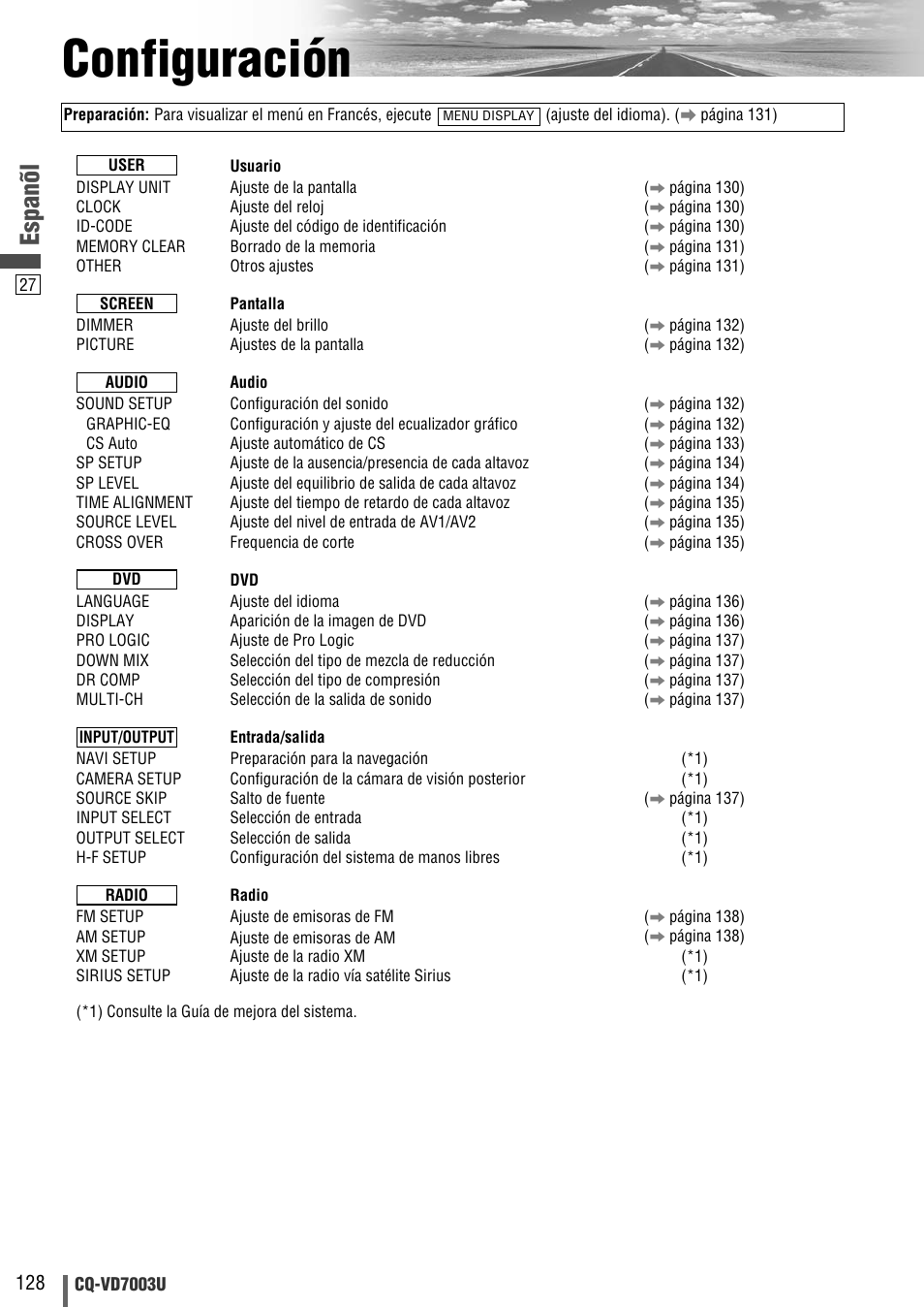 Configuracion, Configuración, Espanõl | Panasonic CQ-VD7003U User Manual | Page 128 / 150