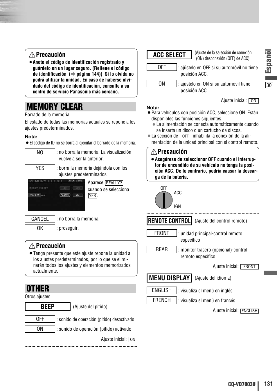 Other, Espanõl, Beep | Menu display, Remote control, Acc select precaución, Precaución | Panasonic CQ-VD7003U User Manual | Page 131 / 150
