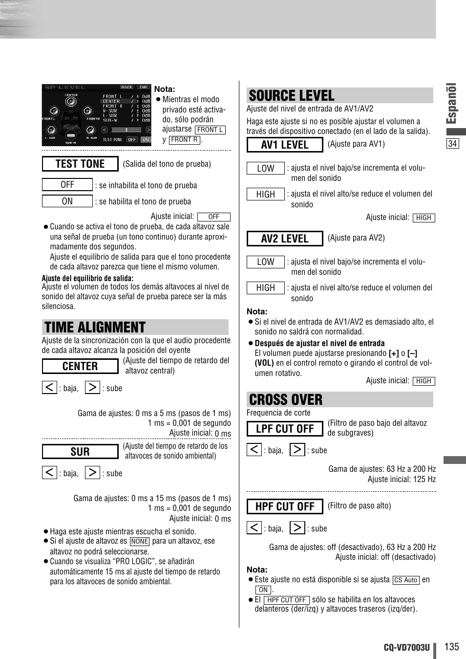 Cross over, Time alignment, Source level | Espanõl, Test tone, Hpf cut off, Lpf cut off, Center, Av2 level, Av1 level | Panasonic CQ-VD7003U User Manual | Page 135 / 150