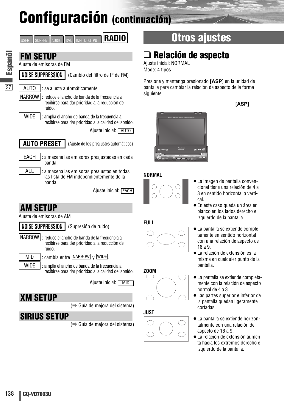 Configuración, Otros ajustes, Continuación) | Relación de aspecto, Fm setup, Am setup, Xm setup, Sirius setup, Radio, Espanõl | Panasonic CQ-VD7003U User Manual | Page 138 / 150