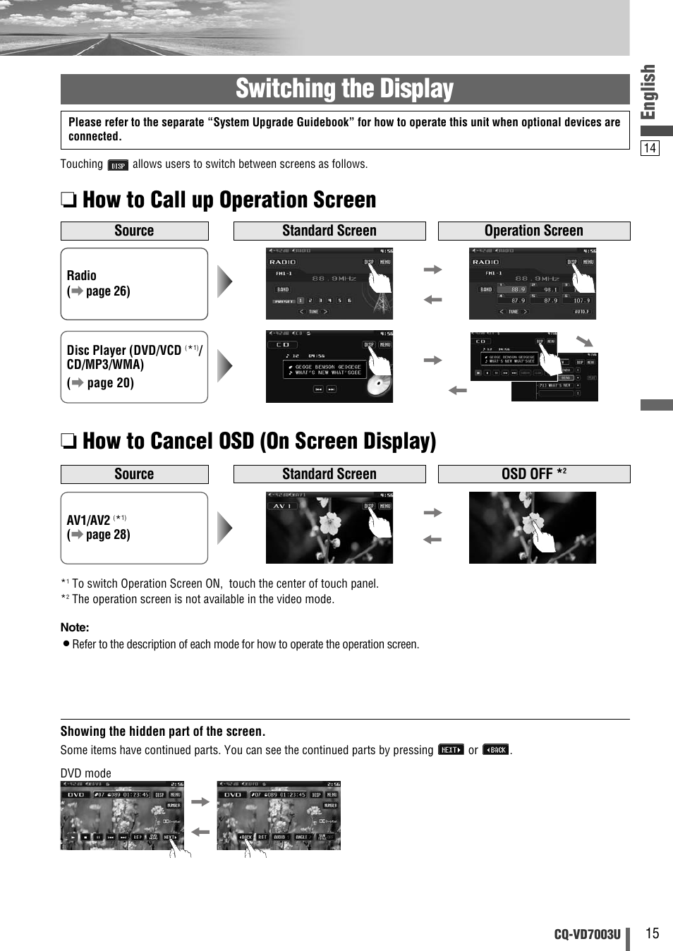 Switching the display, English | Panasonic CQ-VD7003U User Manual | Page 15 / 150