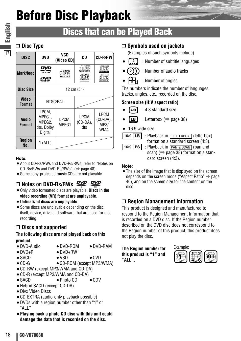 Before disc playback, Discs that can be played back, English | Symbols used on jackets, Region management information, Disc type, Discs not supported | Panasonic CQ-VD7003U User Manual | Page 18 / 150