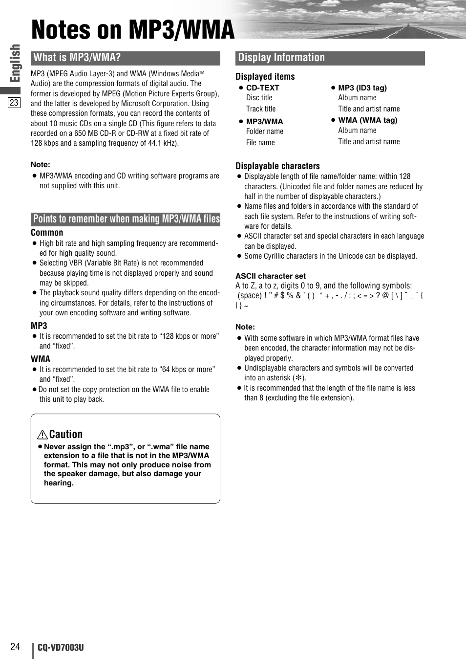 Notes on mp3/wma, English, What is mp3/wma | Points to remember when making mp3/wma files, Display information, Caution | Panasonic CQ-VD7003U User Manual | Page 24 / 150