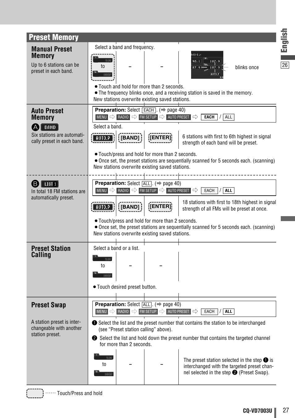 English, Preset station calling, Preset swap | Panasonic CQ-VD7003U User Manual | Page 27 / 150
