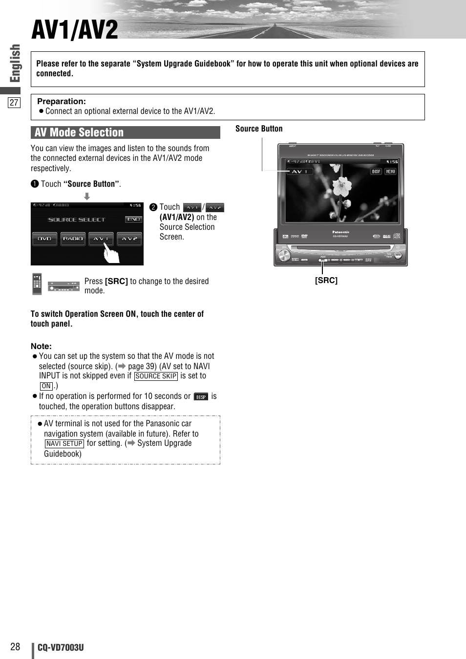 Av1/av2, English, Av mode selection | Cq-vd7003u, Press [src] to change to the desired mode | Panasonic CQ-VD7003U User Manual | Page 28 / 150